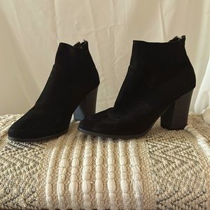 Black suede ankle booties with block heel
